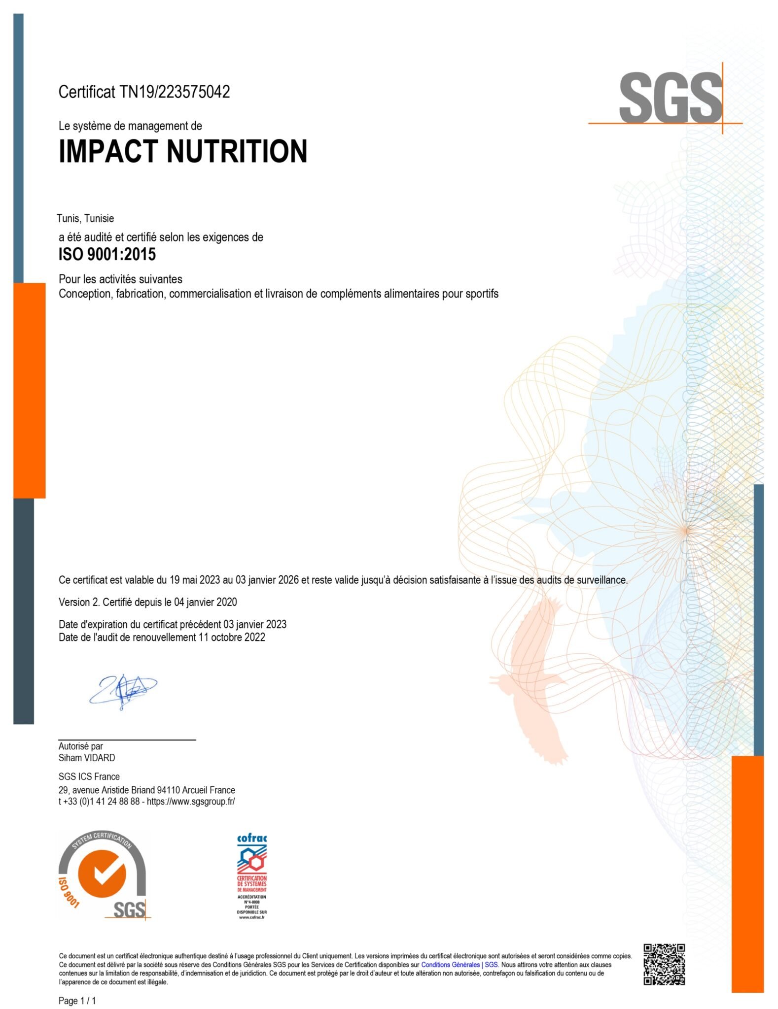 Certificat ISO 9001:2015 COFRAC